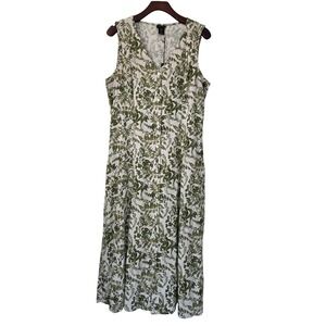Tahari Loden Linen Blend‎ Midi Dress Leaf Print Sleeveless Size Medium Green NWT
